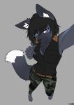  anthro canine clothed clothing devalous dipstick_tail female fox foxboy83 grey_background heterochromia looking_at_viewer mammal multicolored_tail selfie silver_fox simple_background smile solo 