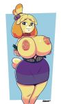  2018 animal_crossing anthro big_breasts breasts canine clothed clothing digital_media_(artwork) female floppy_ears hair hi_res huge_breasts isabelle_(animal_crossing) jingle_bell mammal nintendo nipples skirt solo sqoon unbuttoned_shirt video_games voluptuous wide_hips 