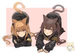  :3 :o animal_ears bangs black_bow black_gloves black_jacket bow bright_pupils brown_hair cat_ears cat_tail character_request eyebrows_visible_through_hair fingerless_gloves ganesagi girls_frontline gloves grey_skirt hair_bow hair_ornament hairband hairclip idw_(girls_frontline) jacket kemonomimi_mode light_brown_hair long_sleeves looking_at_viewer multiple_girls one_side_up pantyhose parted_lips pink_background pleated_skirt red_eyes scar scar_across_eye simple_background skirt tail top-down_bottom-up two_side_up ump45_(girls_frontline) ump9_(girls_frontline) yellow_eyes 