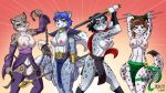  2018 adira_(twokinds) anthro areola big_breasts biped breasts canine chain chest_tuft cleavage clothed clothing disney fabienne_growley feline female fox fur group heresy_(artist) holding_object holding_weapon keidran krystal leopard loincloth looking_at_viewer mammal melee_weapon midriff nintendo nipples partially_clothed shuya_(chakatbombshell) simple_background skimpy smile smirk snow_leopard spots spotted_fur staff standing star_fox sword tuft twokinds video_games weapon whip zootopia 