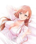  :d arisugawa_natsuha arm_at_side arm_behind_head bangs bed bed_sheet black_eyes blush breasts collarbone commentary_request eyebrows_visible_through_hair eyes_visible_through_hair from_above highres idolmaster idolmaster_shiny_colors kaiga large_breasts long_hair looking_at_viewer lying no_bra on_back open_mouth parted_bangs red_hair shirt smile solo under_covers upper_body white_shirt 