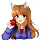  animal_ears apple arm_up blue_shirt blush breasts brown_hair cheyenneo fang food fruit heart heart-shaped_pupils highres holding holding_food holding_fruit holo jewelry long_hair long_sleeves marker_(medium) medium_breasts necklace open_mouth red_eyes shirt simple_background solo spice_and_wolf symbol-shaped_pupils traditional_media upper_body white_background wolf_ears 