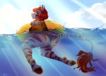  anthro big_butt butt clothed clothing female giraffe hair inner_tube looking_back mammal nzuri partially_submerged red_hair solo swimsuit thick_thighs 