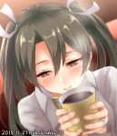  artist_name brown_eyes close-up commentary_request cup dated dutch_angle grey_hair hair_ribbon highres jewelry kantai_collection long_hair mug nuka_(nvkka) ribbon ring shirt smile solo steam twintails twitter_username upper_body wedding_band white_ribbon white_shirt zuikaku_(kantai_collection) 