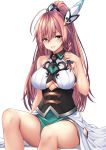  1girl ahoge bare_shoulders blue_eyes breasts brown_hair character_request cygames dragalia_lost large_breasts long_hair looking_at_viewer nintendo parted_lips ponytail sitting smile solo 