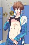  brown_hair chest free! highres hypnosis jacket kirishima_natsuya male_focus memeo_(candy_house) mind_control navel nipples open_mouth pants pants_pull red_eyes shirt_lift solo_focus track_jacket track_pants window yen 