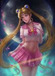  absurdres bishoujo_senshi_sailor_moon blonde_hair blue_eyes bra breasts character_name chunhui_lee cowboy_shot crescent_choker crop_top double_bun full_moon gloves highres lips long_hair looking_at_viewer medium_breasts midriff miniskirt moon navel night night_sky nose outdoors petals pink_lips pink_sailor_collar pleated_skirt realistic sailor_collar sailor_moon sailor_senshi sailor_senshi_uniform see-through short_sleeves skirt skirt_hold sky solo tsukino_usagi twintails underwear very_long_hair white_gloves 