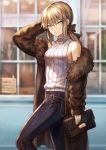  alternate_costume artoria_pendragon_(all) bag bangs bare_shoulders belt black_ribbon blonde_hair blurry blurry_background breasts brown_coat casual coat commentary day denim expressionless eyebrows_visible_through_hair fate/grand_order fate_(series) fur-trimmed_coat fur_trim hair_between_eyes hair_ribbon handbag highres holding_purse jeans leg_up long_coat long_hair looking_at_viewer mashu_003 medium_breasts off_shoulder open_clothes open_coat outdoors pants pose ribbon saber_alter sidelocks signature solo standing standing_on_one_leg sweater sweater_vest turtleneck turtleneck_sweater twitter_username white_sweater yellow_eyes 