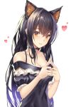  absurdres animal_ears bangs bare_shoulders black_choker black_dress black_hair breasts cat_ears choker cleavage closed_mouth cup6542 dress expressionless extra_ears eyebrows_visible_through_hair fingers_together frills hair_between_eyes hands_up heart highres large_breasts long_hair looking_at_viewer off-shoulder_dress off_shoulder original puffy_short_sleeves puffy_sleeves short_sleeves sidelocks simple_background solo spaghetti_strap upper_body white_background yellow_eyes 