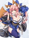  animal_ear_fluff animal_ears bikini blue_bikini blue_kimono blue_legwear blue_ribbon breasts cleavage detached_sleeves fang fate/extra fate/extra_ccc fate/grand_order fate_(series) fox_ears fox_girl fox_shadow_puppet fox_tail hair_ribbon japanese_clothes kimono large_breasts looking_at_viewer open_mouth pink_hair reina_(black_spider) ribbon solo swimsuit tail tamamo_(fate)_(all) tamamo_no_mae_(fate) yellow_eyes 