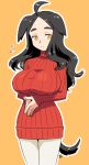  ahoge animal_ears black_hair blush breasts cowboy_shot dog_ears dog_tail large_breasts long_hair muu_(mumumer) original own_hands_together red_sweater ribbed_sweater simple_background smile solo sweater tail thick_eyebrows turtleneck turtleneck_sweater yellow_background yellow_eyes 