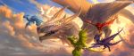  2018 day detailed_background digital_media_(artwork) dragon feral flying group horn membranous_wings outside sandara scalie sky spines watermark western_dragon wings 