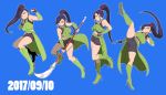  arm_warmers belt bike_shorts blue_background blue_hair boots breasts choker clenched_hand commentary dated dragon_quest dragon_quest_xi fighting_stance finger_to_chin fingerless_gloves full_body gloves green_footwear hairband halter_top halterneck hand_on_hip high_kick high_ponytail highres kicking knee_boots large_breasts lavender_eyes long_hair looking_to_the_side looking_up martina_(dq11) multiple_views navel o-ring o-ring_choker o-ring_top orushibu outline overskirt polearm red_hairband thinking weapon white_outline 