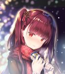  bangs blurry blurry_background blush braid breasts brown_coat can closed_mouth coat commentary_request eyebrows_visible_through_hair french_braid girls_frontline gloves hair_ornament hair_ribbon half_updo highres holding holding_can large_breasts long_hair looking_at_viewer one_side_up outdoors purple_hair red_eyes red_scarf rei_(rei's_room) ribbon scarf sidelocks snowflake_hair_ornament snowflake_print snowing solo very_long_hair wa2000_(girls_frontline) white_gloves 