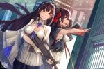  assault_rifle bangs black_hair black_legwear blush breasts brown_eyes bullpup cape cityscape cleavage closed_mouth commentary_request corset double-breasted eyebrows_visible_through_hair flower girls_frontline gloves gun hair_between_eyes hair_flower hair_ornament hair_ribbon hairband highres holding holding_gun holding_weapon large_breasts long_hair looking_away mappaninatta multiple_girls necktie outdoors pantyhose pleated_skirt pointing qbz-95 qbz-95_(girls_frontline) qbz-97 qbz-97_(girls_frontline) ribbon rifle shirt sidelocks signature skirt sleeveless sleeveless_shirt smile thighhighs trigger_discipline twintails twitter_username underbust very_long_hair weapon white_gloves white_hairband white_legwear white_shirt white_skirt yellow_eyes 