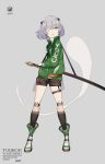  alternate_costume bandage_over_one_eye bandages bangs black_legwear black_shorts boots character_name commentary contemporary copyright_name green_eyes green_footwear green_jacket grey_background hair_between_eyes hair_ornament high_collar highres hillly_(maiwetea) hitodama holding holding_sword holding_weapon jacket katana knee_pads kneehighs konpaku_youmu konpaku_youmu_(ghost) left-handed long_sleeves looking_at_viewer parted_lips pocket ready_to_draw scabbard sheath sheathed short_hair short_shorts shorts silver_hair simple_background solo sword thigh_strap thighs touhou weapon 