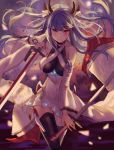  azur_lane bare_shoulders bekko blue_hair breasts commentary_request cowboy_shot detached_sleeves dual_wielding eyebrows_visible_through_hair heterochromia highres holding horns ibuki_(azur_lane) large_breasts long_hair looking_at_viewer smile solo sword thighhighs weapon wide_sleeves 