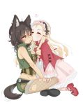  andou_(girls_und_panzer) animal_ears bangs bat_hair_ornament belt black_belt black_footwear black_hair black_headband black_legwear blonde_hair breasts brown_eyes cape cheek_kiss cleavage commentary cutoffs dark_skin dog_ears dog_tail dress drill_hair eyebrows_visible_through_hair fishnet_pantyhose fishnets floral_print frilled_dress frilled_headband frilled_sleeves frills girls_und_panzer green_jacket green_shirt green_shorts hair_ornament half-closed_eye hand_on_another's_leg heart jacket kemonomimi_mode kiss kumasawa_(dkdkr) light_blush light_frown long_hair long_sleeves looking_at_another marie_(girls_und_panzer) medium_breasts medium_dress medium_hair messy_hair midriff motion_lines multiple_girls one_eye_closed pantyhose pink_dress print_dress red_cape red_footwear shirt shoes shorts sleeveless_jacket sweatdrop tail torn_clothes torn_legwear torn_sleeves wavy_mouth yuri 