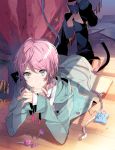  amemura_ramuda androgynous belt black_footwear black_pants blue_eyes blue_jacket candy closed_mouth commentary_request eihi eyebrows_visible_through_hair food hypnosis_mic jacket lollipop long_sleeves looking_at_viewer lying male_focus on_floor on_stomach pants pin pincushion pink_hair shoes smile solo tape_measure 