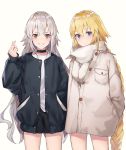 absurdres bangs black_cola black_jacket black_shorts blonde_hair blue_eyes blush braid brown_coat brown_eyes closed_mouth coat commentary english_commentary eyebrows_visible_through_hair fate/grand_order fate_(series) grin hair_between_eyes hand_in_pocket highres jacket jeanne_d'arc_(alter)_(fate) jeanne_d'arc_(fate) jeanne_d'arc_(fate)_(all) long_hair long_sleeves multiple_girls open_clothes open_jacket scarf shirt short_shorts shorts silver_hair single_braid sleeves_past_wrists smile very_long_hair white_scarf white_shirt 