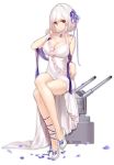  1girl alternate_costume ankle_ribbon azur_lane bangs blush breasts cannon choker cleavage collarbone dress expressionless flower full_body hair_between_eyes hair_flower hair_ornament hairband halter_dress hand_up high_heels kinven large_breasts legs_crossed logo looking_at_viewer official_art petals purple_flower purple_ribbon red_eyes ribbon rigging sapphire_(gemstone) short_hair sidelocks sirius_(azur_lane) sitting solo transparent_background turret white_dress 