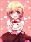  :d bangs blush brown_hair brown_skirt coffee commentary_request copyright_name cup eyebrows_visible_through_hair gochuumon_wa_usagi_desu_ka? hair_between_eyes hair_ornament hairclip haru_ichigo heart highres holding_saucer hoto_cocoa looking_at_viewer open_mouth pink_background pink_vest purple_eyes rabbit_house_uniform round_teeth saucer shirt skirt smile solo teacup teeth uniform upper_teeth vest waitress white_shirt 