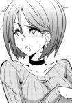 blush breasts choker collarbone commentary_request earrings greyscale jewelry large_breasts long_sleeves monochrome okyou ribbed_shirt shirt short_hair solo the_king_of_fighters whip_(kof) 