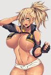  1girl blonde_hair breasts camui_kamui dark_skin fingerlss_gloves huge_breasts open_clothes open_vest ponytail scar scar_across_eye short_shorts shorts solo teeth underboob vecky_(camui_kamui) vest yellow_eyes 