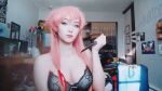  1girl animated animated_gif bra breasts cleavage cosplay female gasai_yuno knife mirai_nikki pink_hair solo underwear 