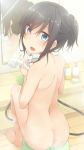  :d asashio_(kantai_collection) ass barefoot bath_stool bathroom black_hair blue_eyes blush collarbone commentary_request fingernails head_tilt highres holding indoors kantai_collection looking_at_viewer looking_back nagami_yuu nude open_mouth shower_head sidelocks sitting smile soap soap_bottle solo steam stool tile_floor tiles wet 