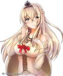  blonde_hair blue_eyes braid commentary_request crown dress flower french_braid jewelry kantai_collection long_hair long_sleeves mini_crown necklace oekaki_lemon off-shoulder_dress off_shoulder red_flower red_ribbon red_rose ribbon rose simple_background smile solo upper_body warspite_(kantai_collection) white_background white_dress 