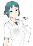  black_eyes black_shirt blue_hair breast_pocket breasts closed_mouth collared_shirt dated huge_breasts looking_at_viewer original pocket shirt short_hair short_sleeves signature simple_background solo tsukudani_(coke-buta) uppercut white_background white_shirt wing_collar 