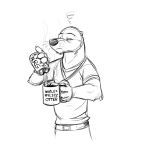  anthro belt beverage beverage_can black_nose can clothed clothing coffee cup digital_media_(artwork) energy_drink eyebrows eyes_closed male mammal monochrome mustelid otter relatable sketch small_ears solo temiree whiskers 