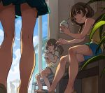  3girls :t bench blush drinking female multiple_girls original outdoors shorts sitting skirt smile tensen 