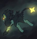  from_behind full_body gen_4_pokemon glowing glowing_eyes looking_back luxray no_humans pokemon pokemon_(creature) red_sclera running shiwo_(siwosi) simple_background solo yellow_eyes 