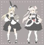  absurdres alternate_costume amatsukaze_(kantai_collection) anchor armpit_peek bangs bare_shoulders black_bow black_choker black_neckwear black_ribbon blonde_hair blue_flower blue_rose blush boot_bow bow choker commentary crossed_bangs detached_sleeves double-breasted dress eyebrows_visible_through_hair flower frilled_hairband frills full_body gothic_lolita grey_background grey_eyes hair_between_eyes hair_tubes hairband highres innertube kantai_collection kneehighs layered_dress lifebuoy lolita_fashion long_hair long_sleeves looking_at_viewer multiple_girls neck_ribbon pigeon-toed red_flower red_rose rensouhou-chan ribbon rose shimakaze_(kantai_collection) shiosoda silver_hair simple_background skirt_hold thigh_strap thighhighs turret two_side_up white_bow wide_sleeves 