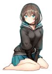  aqua_skirt bangs barefoot between_legs black_choker black_jacket blue_eyes blush breasts brown_hair choker closed_mouth commentary_request eyebrows_visible_through_hair full_body hair_between_eyes hand_between_legs hood hood_down hooded_jacket jacket juliet_sleeves kurata_rine long_hair long_sleeves looking_at_viewer original pleated_skirt puffy_sleeves simple_background sitting skirt small_breasts solo toenails wariza white_background 