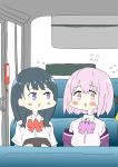  ashitaba_tomorou black_hair blue_eyes bob_cut bow bus cardigan commentary flying_sweatdrops ground_vehicle hood hoodie lavender_hair long_hair looking_away motor_vehicle multiple_girls off_shoulder pink_eyes red_bow school_uniform shinjou_akane short_hair sitting ssss.gridman sweatdrop takarada_rikka vehicle_interior 