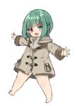  :d bangs barefoot blush braid brown_coat coat commentary_request duffel_coat eyebrows_visible_through_hair final_fantasy final_fantasy_xiv full_body green_eyes green_hair head_tilt heterochromia lalafell looking_at_viewer midorikawa_you open_mouth outstretched_arms pointy_ears red_eyes simple_background smile solo standing standing_on_one_leg white_background 