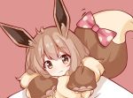  :3 animal_ears bangs blush bow brown_background brown_eyes brown_hair closed_mouth eevee eyebrows_visible_through_hair fur hair_between_eyes head_tilt highres long_sleeves looking_at_viewer personification pink_bow pokemon pokemon_(game) pokemon_lgpe polka_dot polka_dot_bow puffy_long_sleeves puffy_sleeves scarlet_dango simple_background sleeves_past_wrists solo tail tail_bow tail_raised 