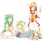  1boy 3girls @_@ alcohol alternate_costume alternate_hair_color alternate_hairstyle beer blue_eyes can ezreal green_hair hair_over_one_eye league_of_legends lulu_(league_of_legends) magical_girl multiple_girls pajamas pillow pointy_ears sarah_fortune soraka star_guardian_ezreal star_guardian_lulu star_guardian_miss_fortune star_guardian_soraka yordle 