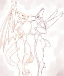  2016 angry anthro big_breasts breast_squish breasts breasts_frottage charizard cladz claws clenched_teeth digital_drawing_(artwork) digital_media_(artwork) duo eye_contact female fire hand_on_hip hi_res huge_breasts latias legendary_pok&eacute;mon membranous_wings nintendo pok&eacute;mon pok&eacute;mon_(species) pok&eacute;morph rock simple_background standing teeth video_games white_background wings 