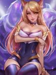  1girl ahri ahri_(lol) animal_ears animal_humanoid bangs blonde_hair breast_hold breasts choker cleavage clothed clothing collar covered_navel daria_leonova earrings fangs female fox_ears fox_humanoid fox_tail fur hair heart heart_choker humanoid jewelry k/da_(league_of_legends) k/da_ahri kittew league_of_legends legwear lips long_hair looking_at_viewer medium_breasts riot_games sitting slit_pupils solo swept_bangs tail thigh_highs thighhighs video_games whisker_markings yellow_eyes yellow_fur 