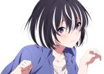  black_hair blue_shirt closed_mouth eyebrows_visible_through_hair hanekawa_tsubasa looking_at_viewer monogatari_(series) multicolored_hair ntend paw_pose purple_eyes shirt short_hair silver_hair smile solo 