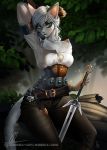  2018 5_fingers anthro aomori breasts cat ciri clothed clothing detailed_background digital_media_(artwork) feline female fur green_eyes grey_hair hair holding_object holding_weapon mammal melee_weapon nipples pink_nose solo sword weapon white_fur 