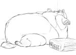  anthro artfulreggie barefoot belly big_belly canine english_text fox fur hyper hyper_belly inside love_handles male mammal monochrome moobs morbidly_obese nude obese obese_male overweight overweight_male reaching reclining simple_background solo sugarboy text thick_thighs white_background worried 