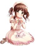  animal bangs beret blush boots bow brown_eyes brown_footwear brown_hair bunny closed_mouth commentary_request dress eyebrows_visible_through_hair frilled_dress frills fur-trimmed_boots fur_trim hair_bow hat head_tilt high_heel_boots high_heels highres idolmaster idolmaster_cinderella_girls kuroba_aki long_hair long_sleeves looking_at_viewer ogata_chieri on_lap pink_bow puffy_short_sleeves puffy_sleeves short_over_long_sleeves short_sleeves sidelocks simple_background solo twintails white_background white_dress white_hat 