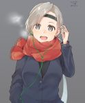  alternate_costume bangs breath chitose_(kantai_collection) earphones grey_background grey_hair headband kantai_collection long_hair looking_at_viewer ponytail red_scarf scarf simple_background solo swept_bangs u_yuz_xx upper_body 