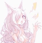  animal_ear_fluff animal_ears bandaid bandaid_on_cheek bandaids_on_nipples bangs blush breasts buran_(kure) claw_pose collarbone eyebrows_visible_through_hair fingernails fox_ears grey_background hair_over_one_eye hand_up highres long_hair looking_at_viewer medium_breasts nude open_mouth original pasties simple_background solo upper_body very_long_hair white_hair yellow_eyes 