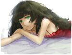  1girl bangs bare_shoulders blunt_bangs brown_hair dress eyebrows_visible_through_hair green_eyes hand_on_own_arm hiyajou_maho long_hair looking_ahead lying menomorute messy_hair on_bed on_stomach open_mouth parted_lips red_dress ringed_eyes sidelocks simple_background solo spaghetti_strap steins;gate steins;gate_0 tsurime upper_body 